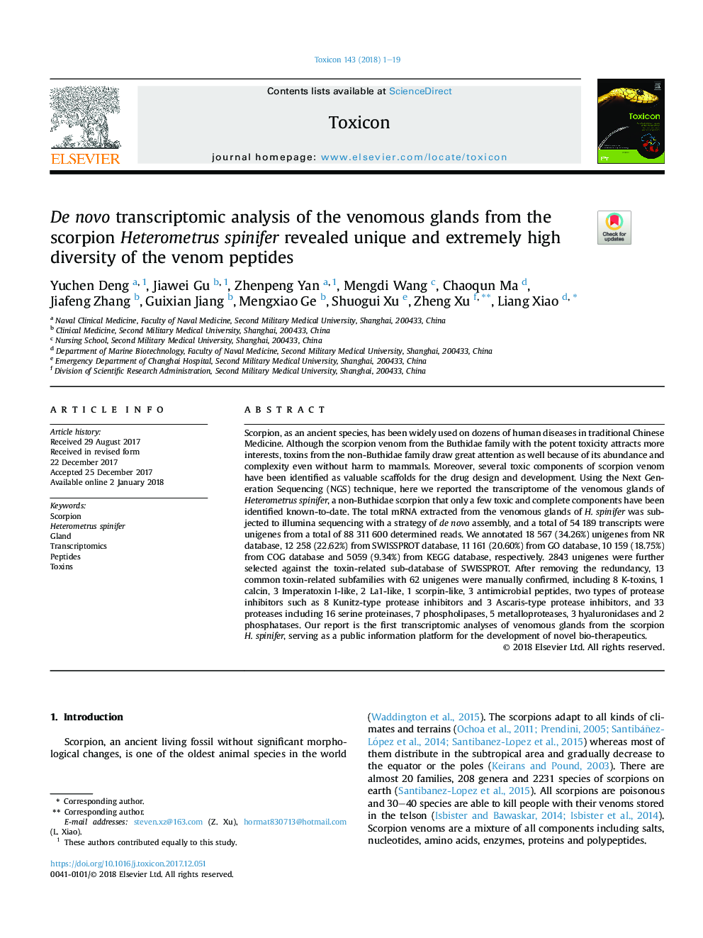 De novo transcriptomic analysis of the venomous glands from the scorpion Heterometrus spinifer revealed unique and extremely high diversity of the venom peptides