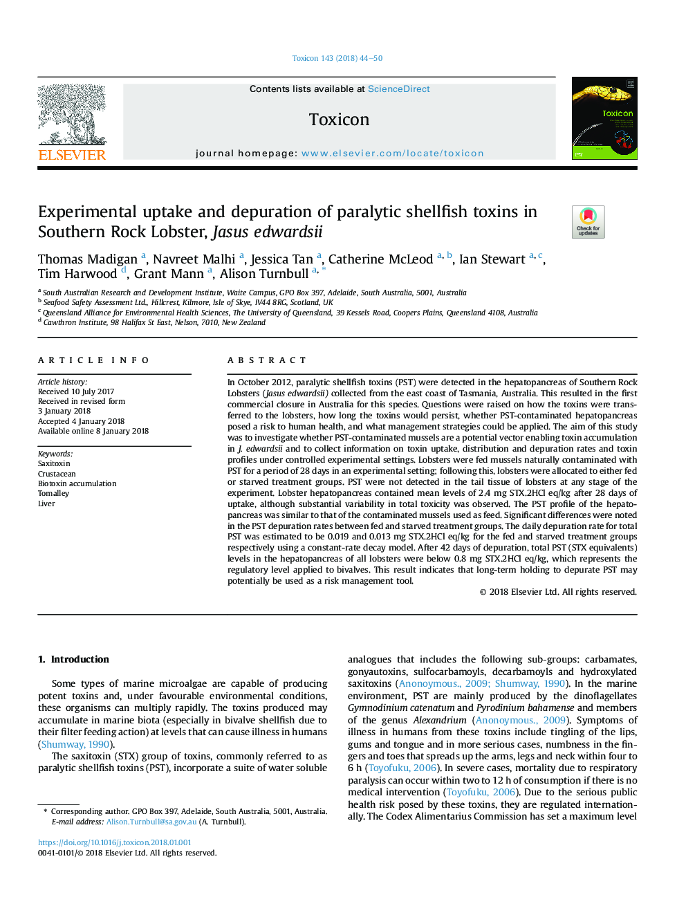 Experimental uptake and depuration of paralytic shellfish toxins in Southern Rock Lobster, Jasus edwardsii