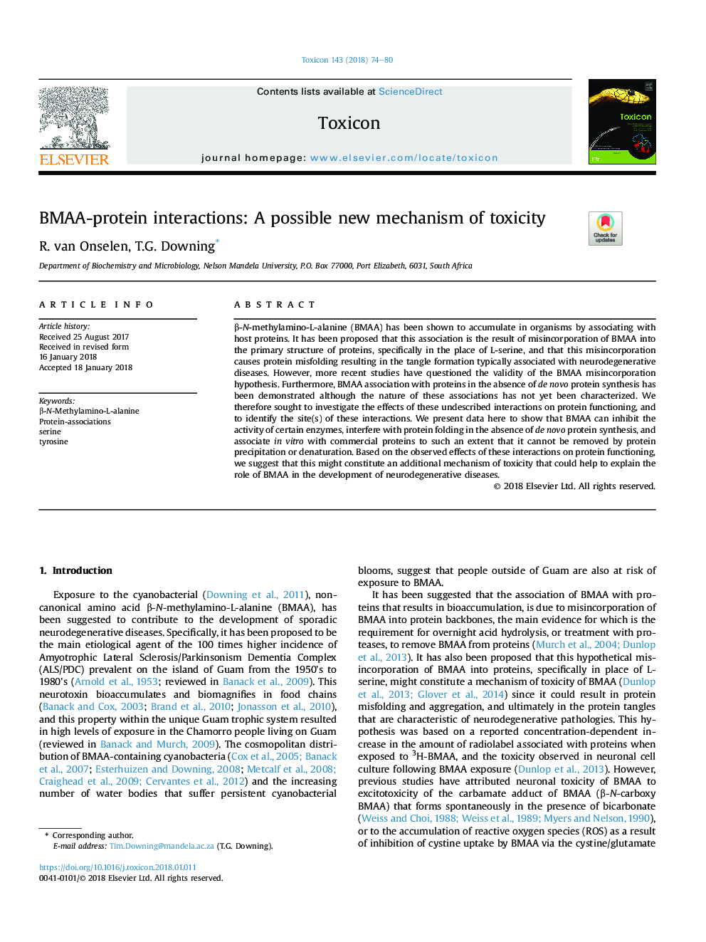 BMAA-protein interactions: A possible new mechanism of toxicity