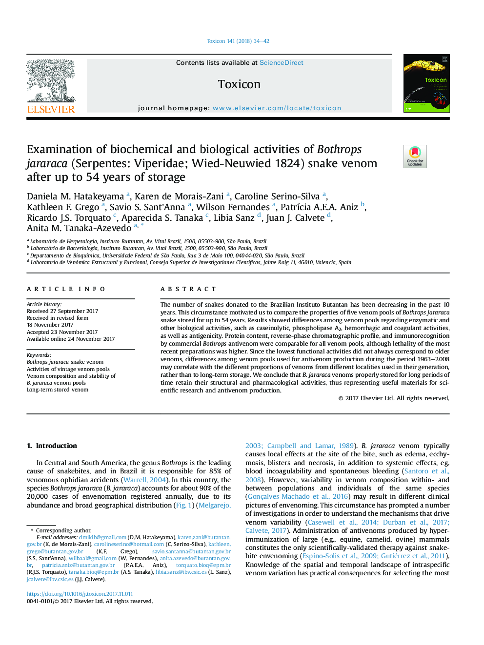 Examination of biochemical and biological activities of Bothrops jararaca (Serpentes: Viperidae; Wied-Neuwied 1824) snake venom after up to 54 years of storage