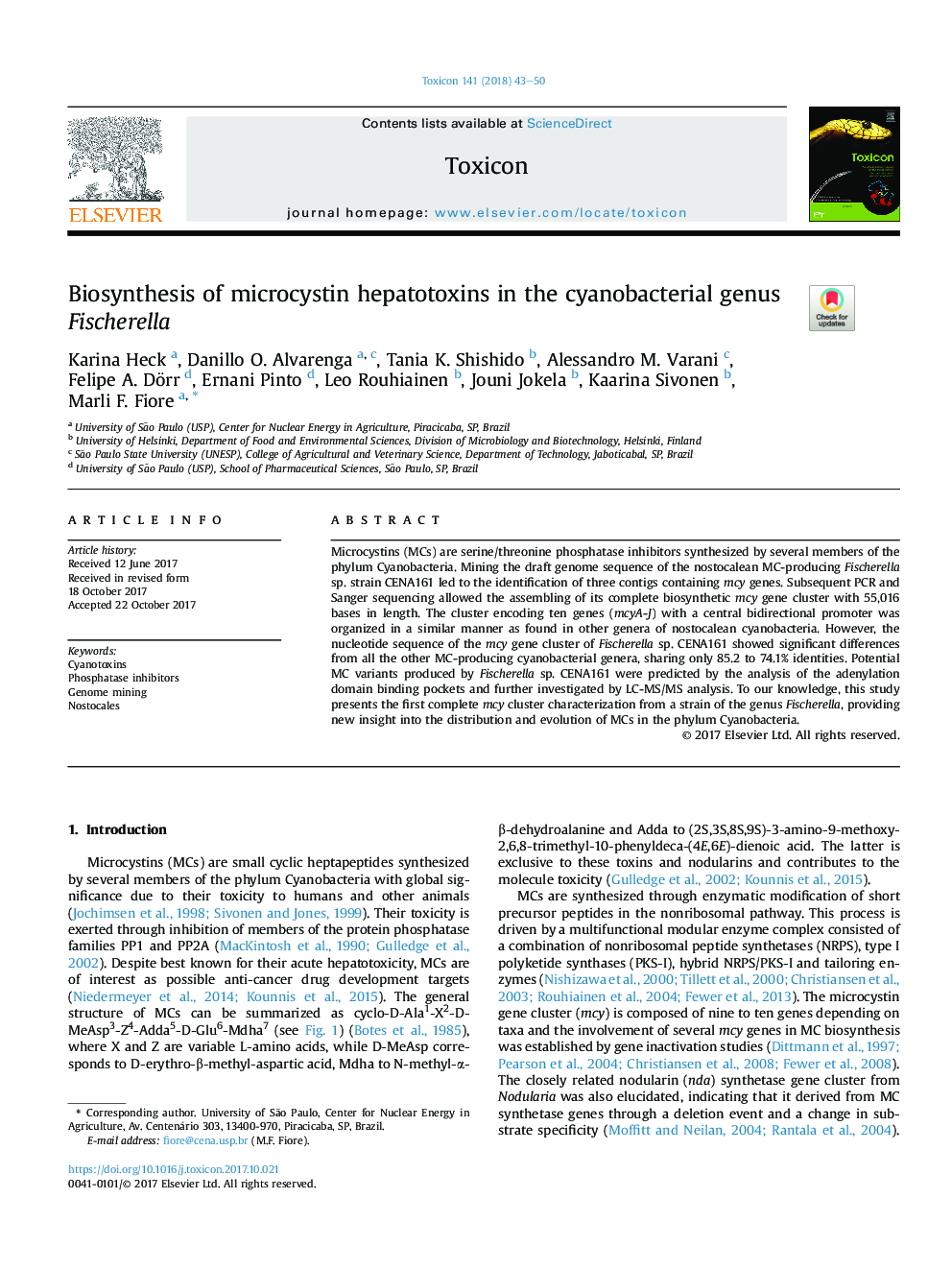 Biosynthesis of microcystin hepatotoxins in the cyanobacterial genus Fischerella