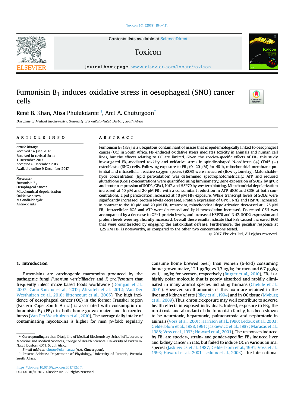 Fumonisin B1 induces oxidative stress in oesophageal (SNO) cancer cells