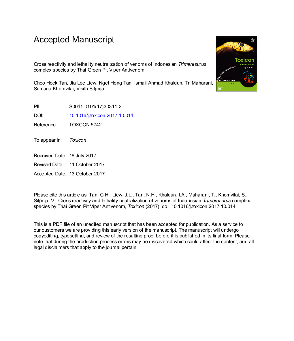 Cross reactivity and lethality neutralization of venoms of Indonesian Trimeresurus complex species by Thai Green Pit Viper Antivenom