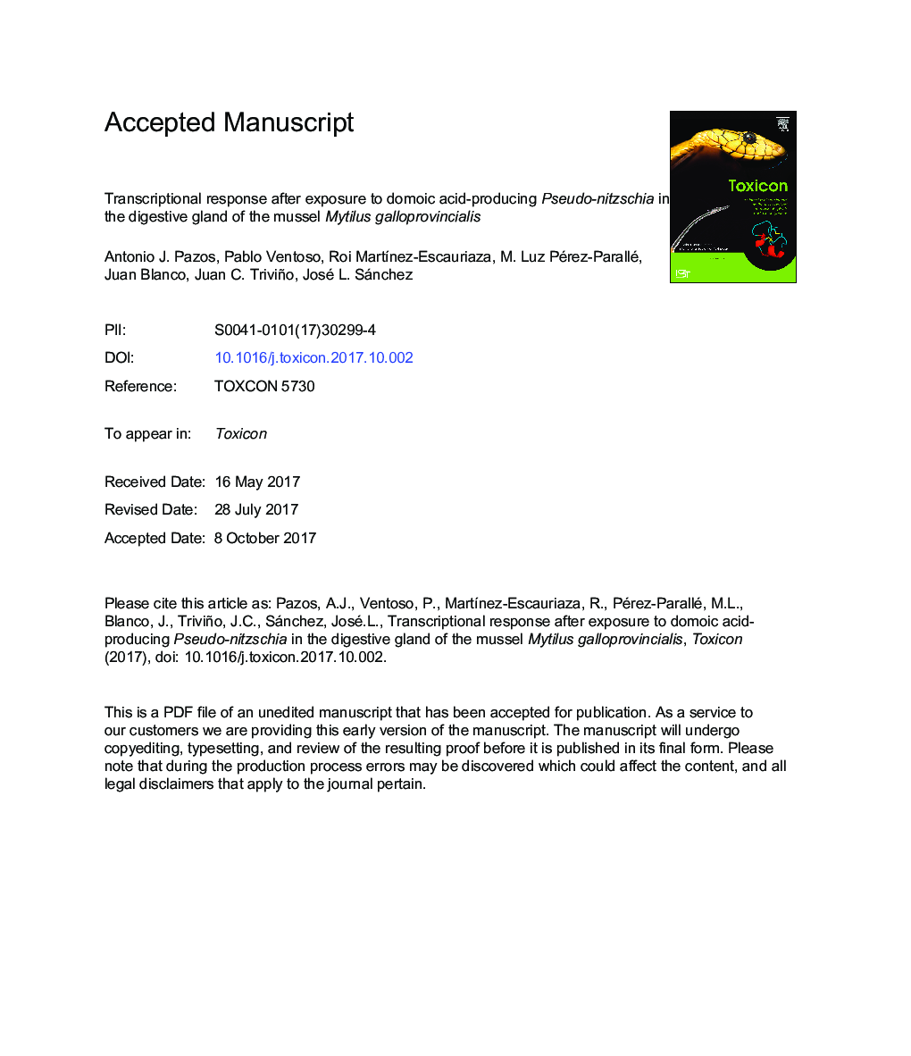 Transcriptional response after exposure to domoic acid-producing Pseudo-nitzschia in the digestive gland of the mussel Mytilus galloprovincialis