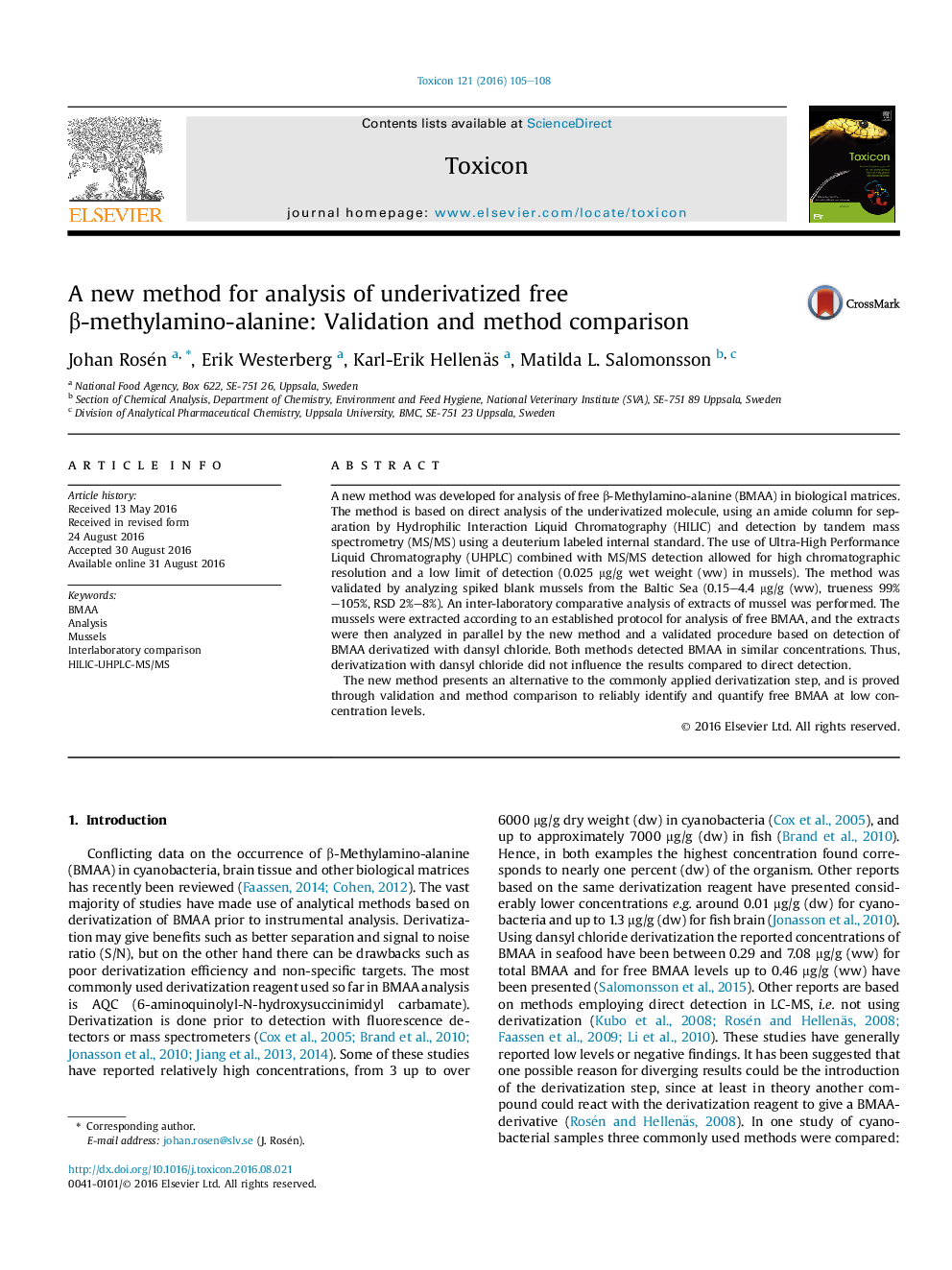 A new method for analysis of underivatized free Î²-methylamino-alanine: Validation and method comparison