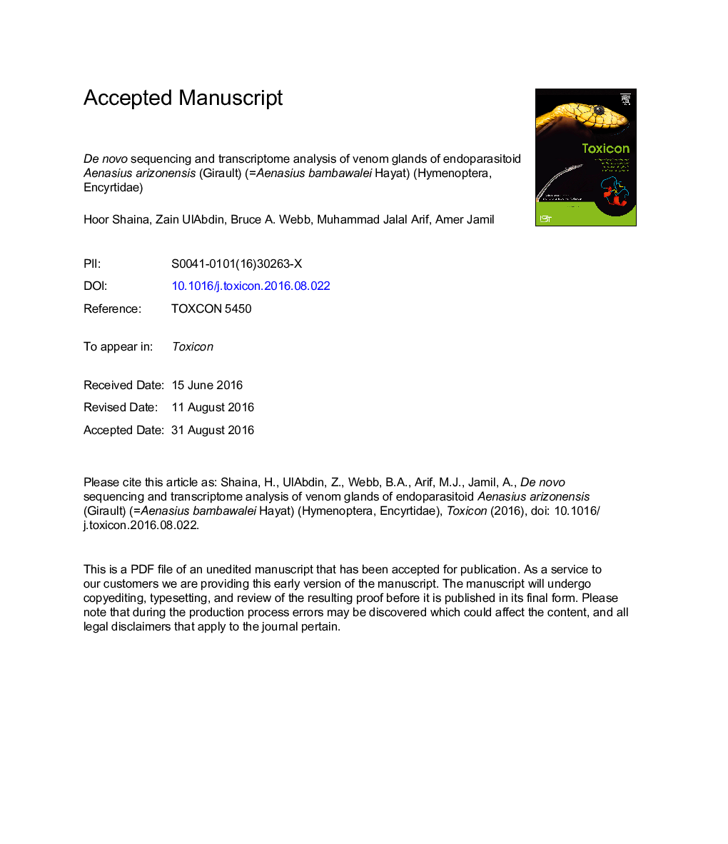 De novo sequencing and transcriptome analysis of venom glands of endoparasitoid Aenasius arizonensis (Girault) (=Aenasius bambawalei Hayat) (Hymenoptera, Encyrtidae)