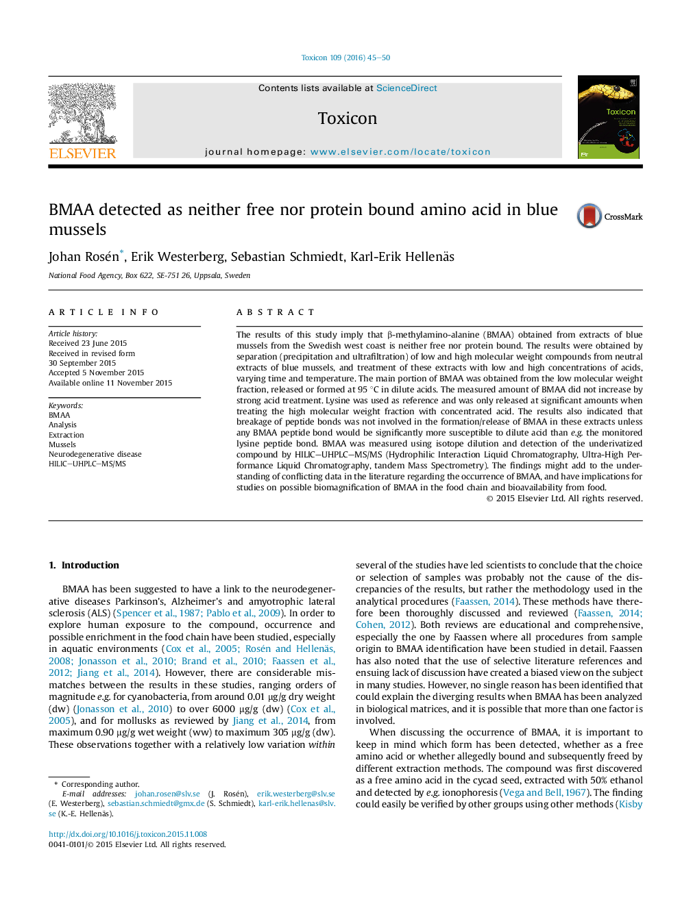 BMAA detected as neither free nor protein bound amino acid in blue mussels