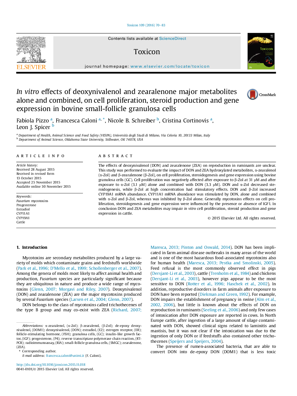 InÂ vitro effects of deoxynivalenol and zearalenone major metabolites alone and combined, on cell proliferation, steroid production and gene expression in bovine small-follicle granulosa cells