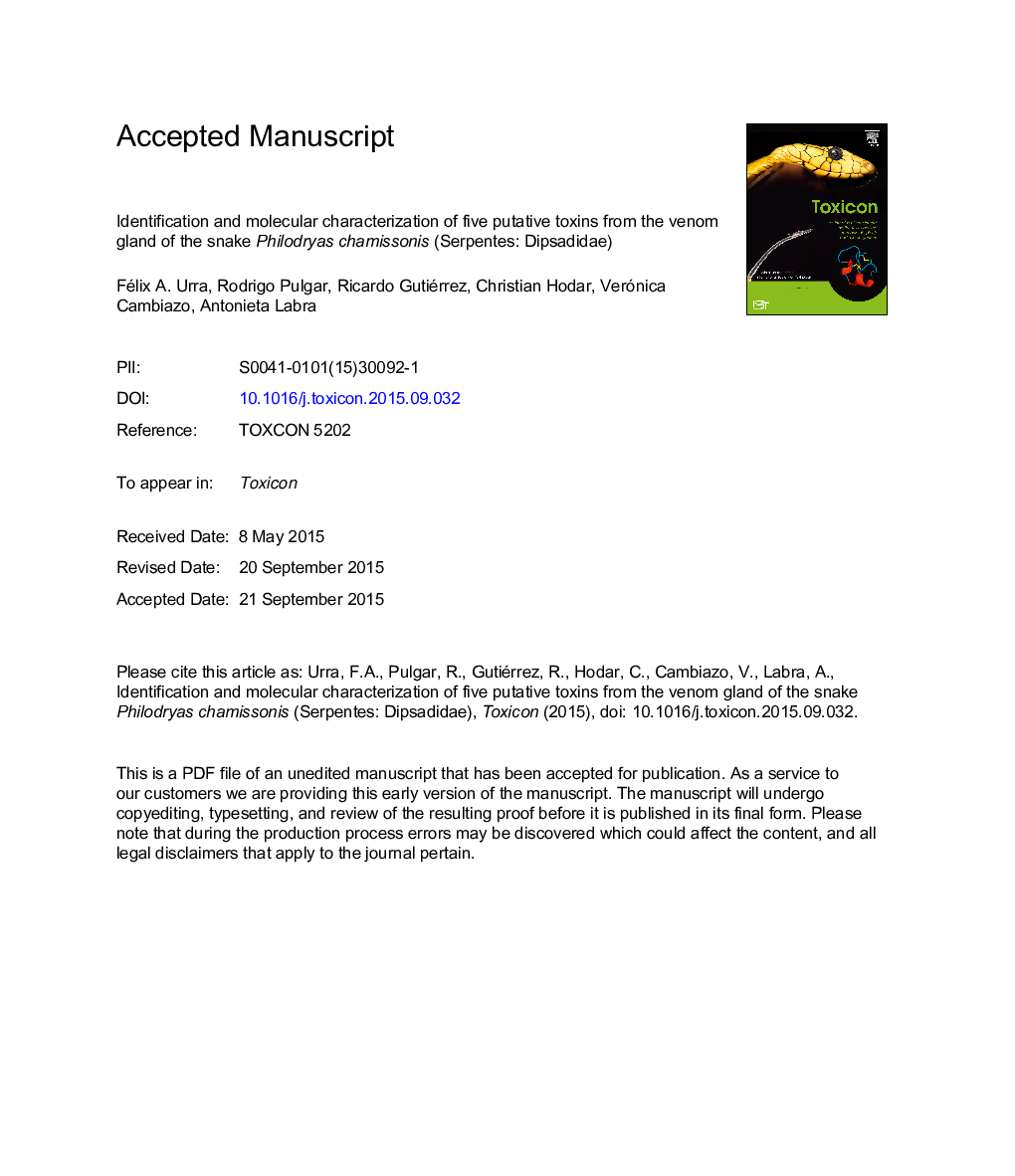 Identification and molecular characterization of five putative toxins from the venom gland of the snake Philodryas chamissonis (Serpentes: Dipsadidae)