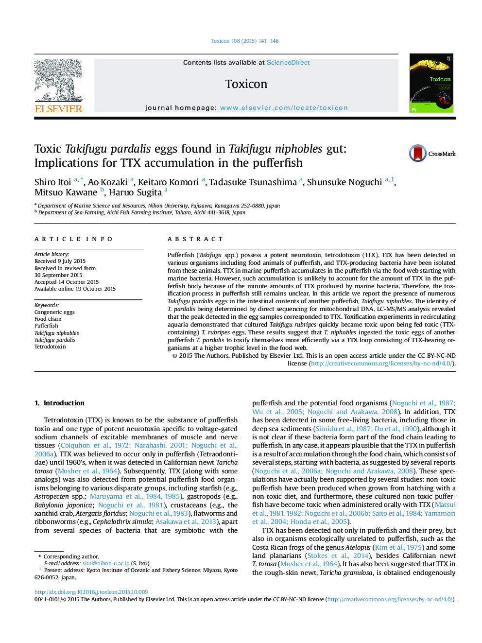 Toxic Takifugu pardalis eggs found in Takifugu niphobles gut: Implications for TTX accumulation in the pufferfish