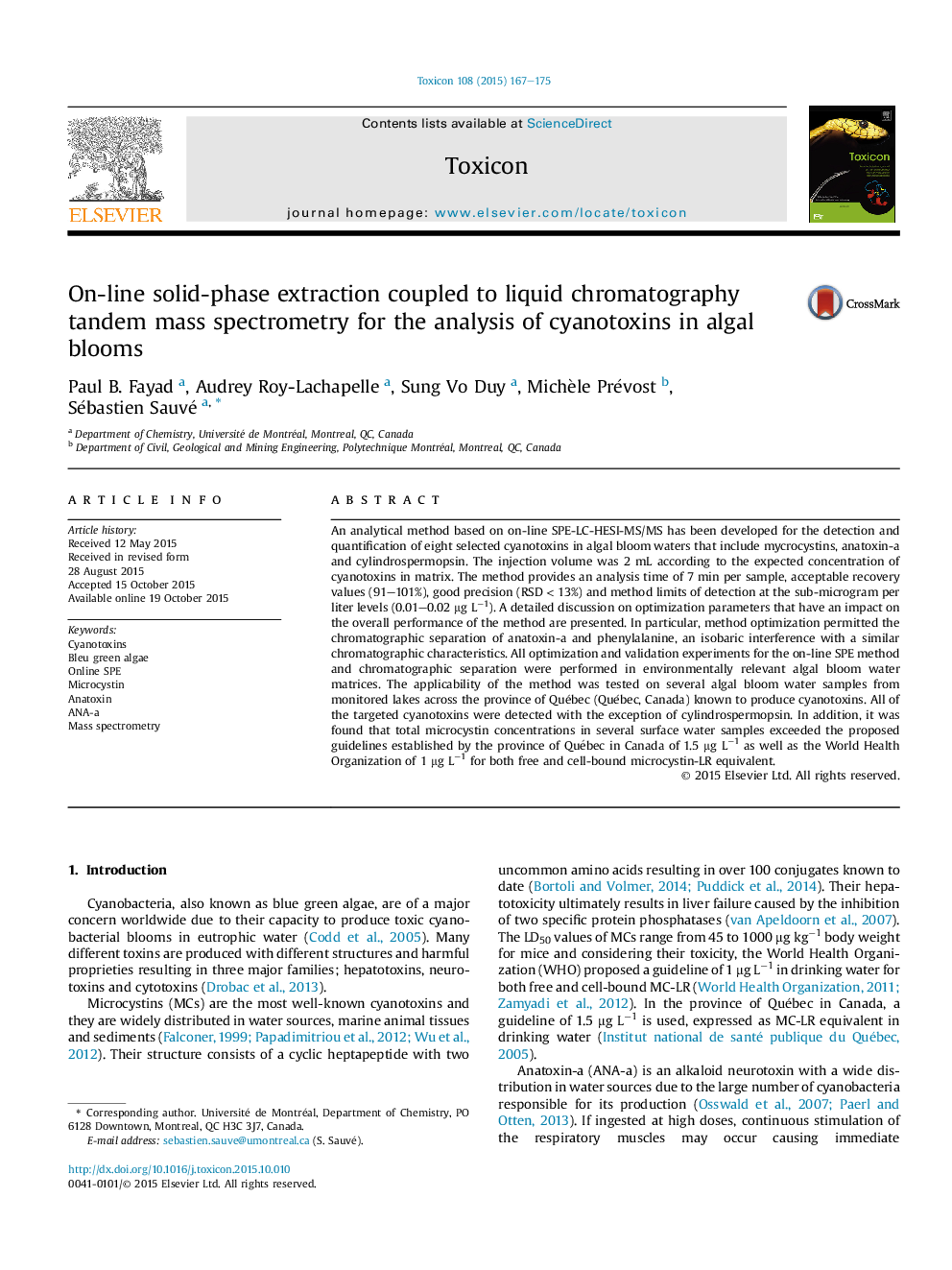 On-line solid-phase extraction coupled to liquid chromatography tandem mass spectrometry for the analysis of cyanotoxins in algal blooms