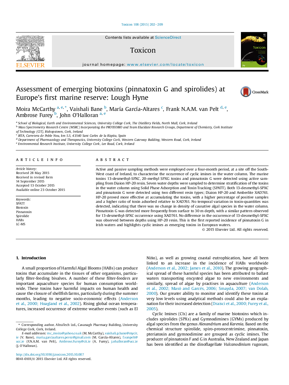 Assessment of emerging biotoxins (pinnatoxin G and spirolides) at Europe's first marine reserve: Lough Hyne