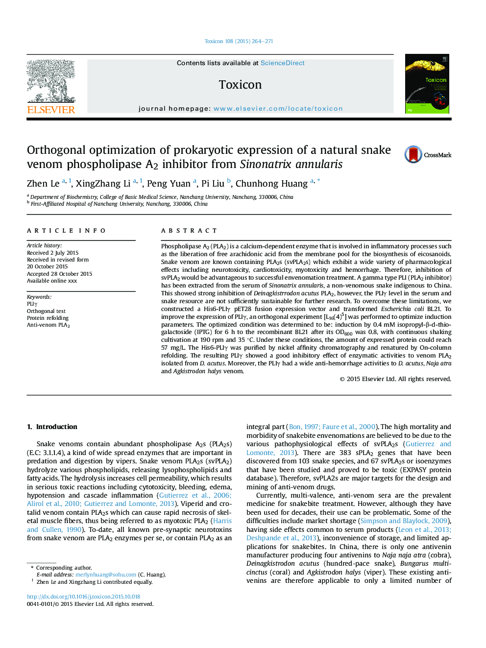 Orthogonal optimization of prokaryotic expression of a natural snake venom phospholipase A2 inhibitor from Sinonatrix annularis