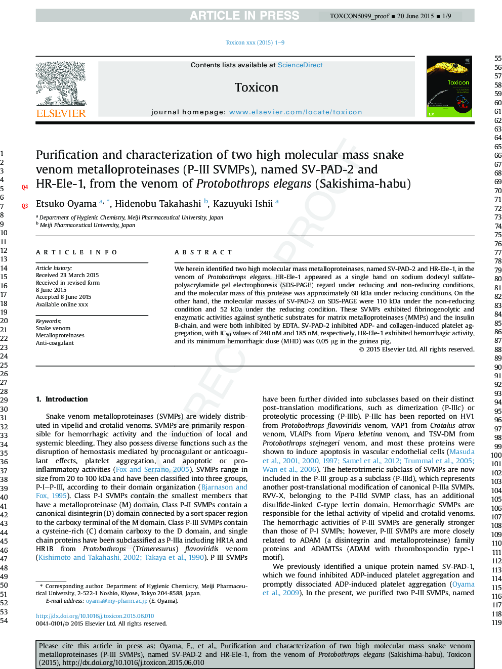 Purification and characterization of two high molecular mass snake venom metalloproteinases (P-III SVMPs), named SV-PAD-2 and HR-Ele-1, from the venom of Protobothrops elegans (Sakishima-habu)