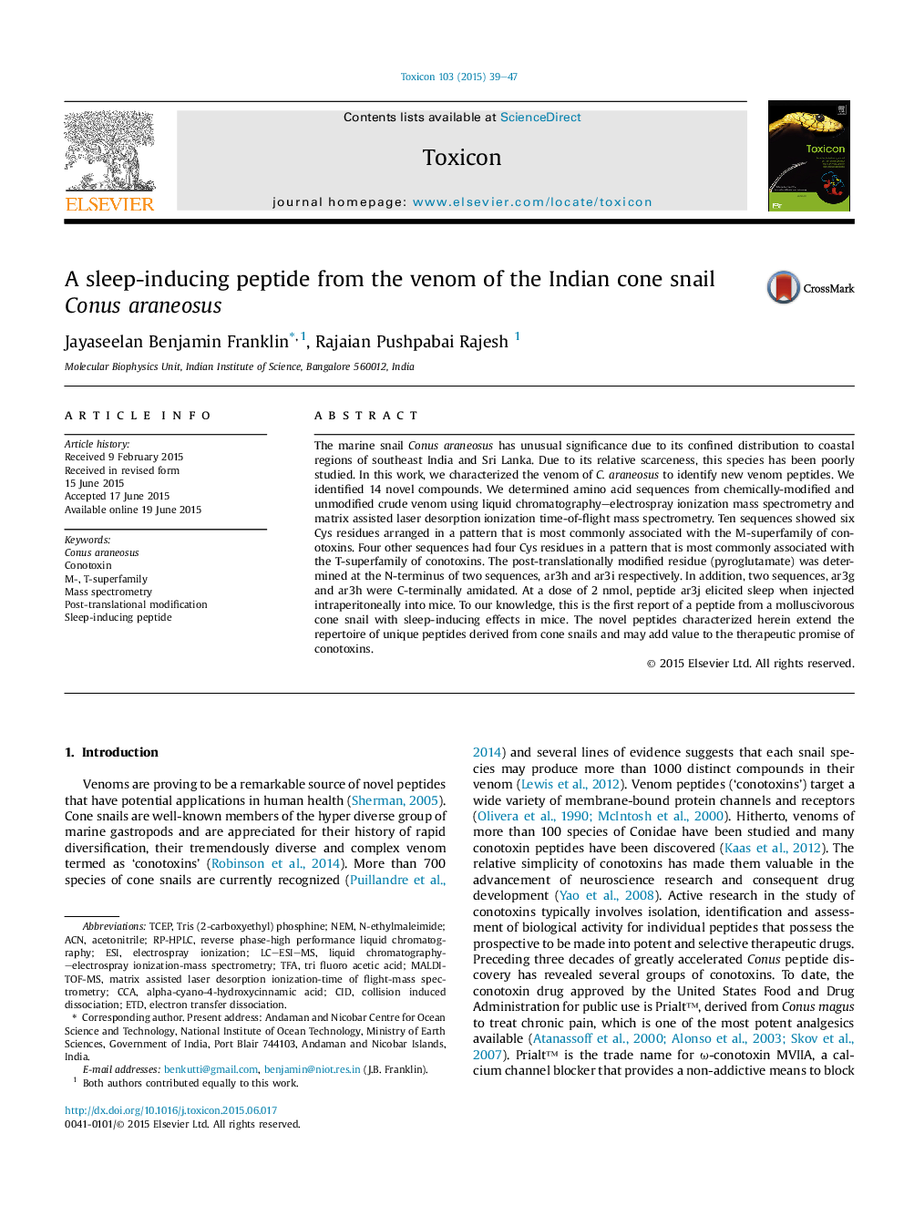 A sleep-inducing peptide from the venom of the Indian cone snail Conus araneosus