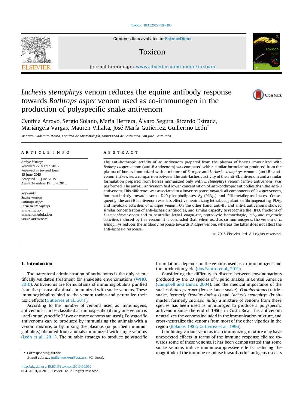 Lachesis stenophrys venom reduces the equine antibody response towards Bothrops asper venom used as co-immunogen in the production of polyspecific snake antivenom