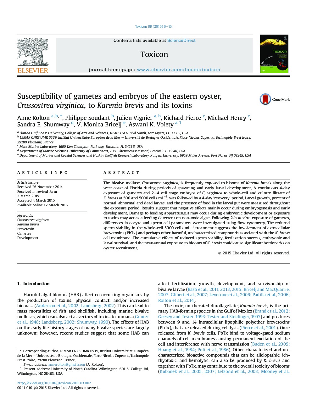 Susceptibility of gametes and embryos of the eastern oyster, Crassostrea virginica, to Karenia brevis and its toxins