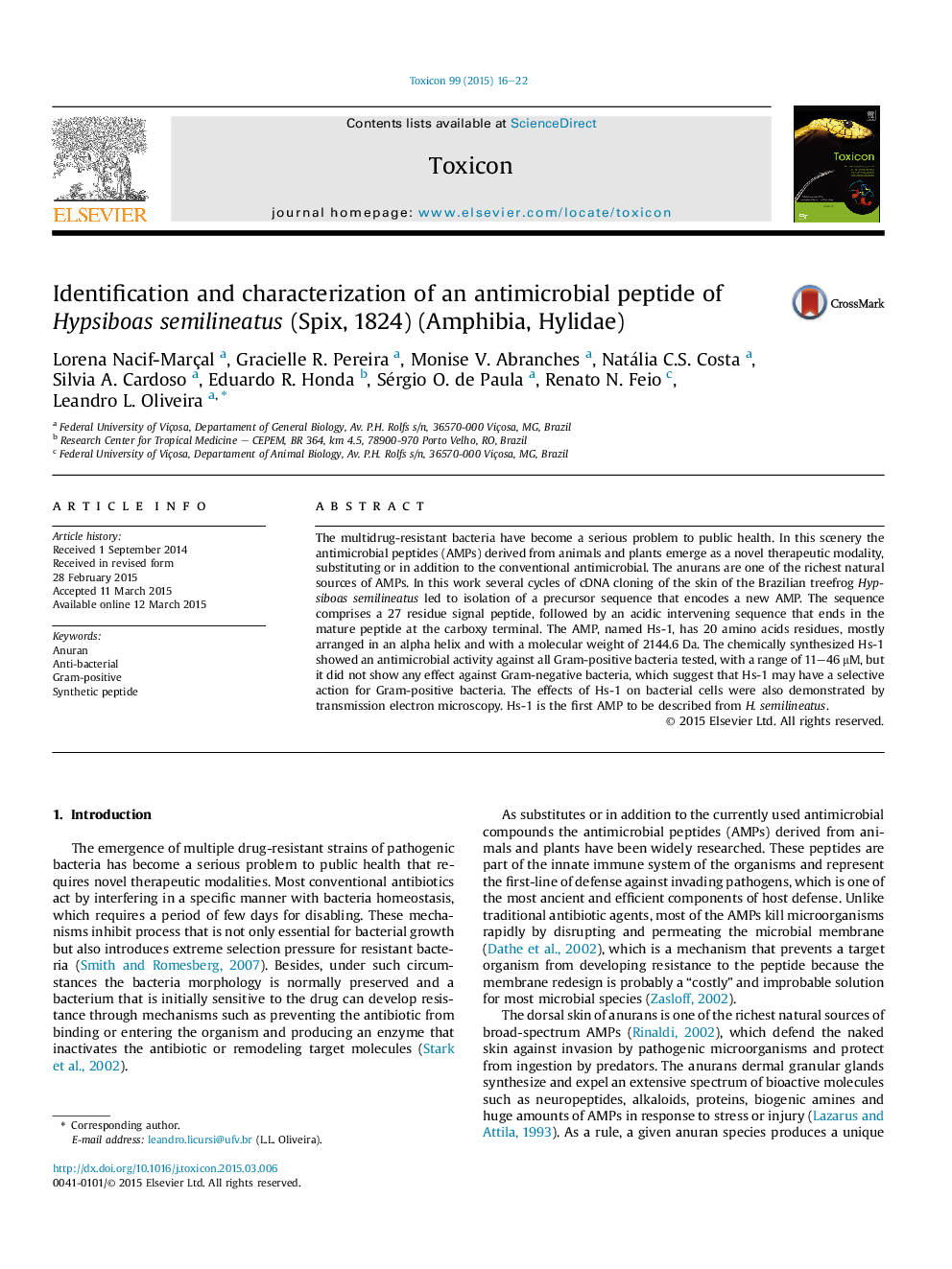 عکس صفحه اول مقاله: Identification and characterization of an antimicrobial peptide of Hypsiboas semilineatus (Spix, 1824) (Amphibia, Hylidae) Identification and characterization of an antimicrobial peptide of Hypsiboas semilineatus (Spix, 1824) (Amphibia, Hylidae)