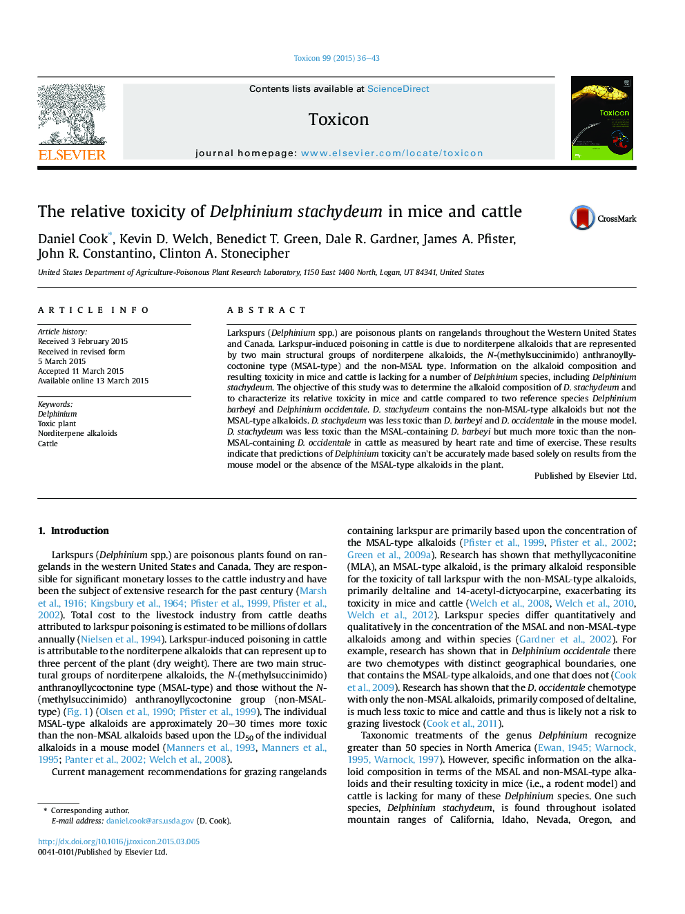 The relative toxicity of Delphinium stachydeum in mice and cattle