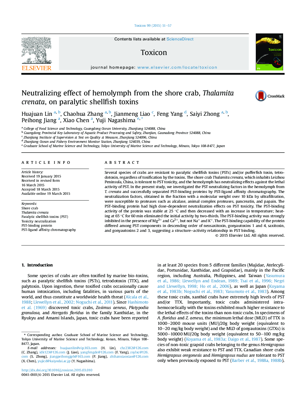 Neutralizing effect of hemolymph from the shore crab, Thalamita crenata, on paralytic shellfish toxins