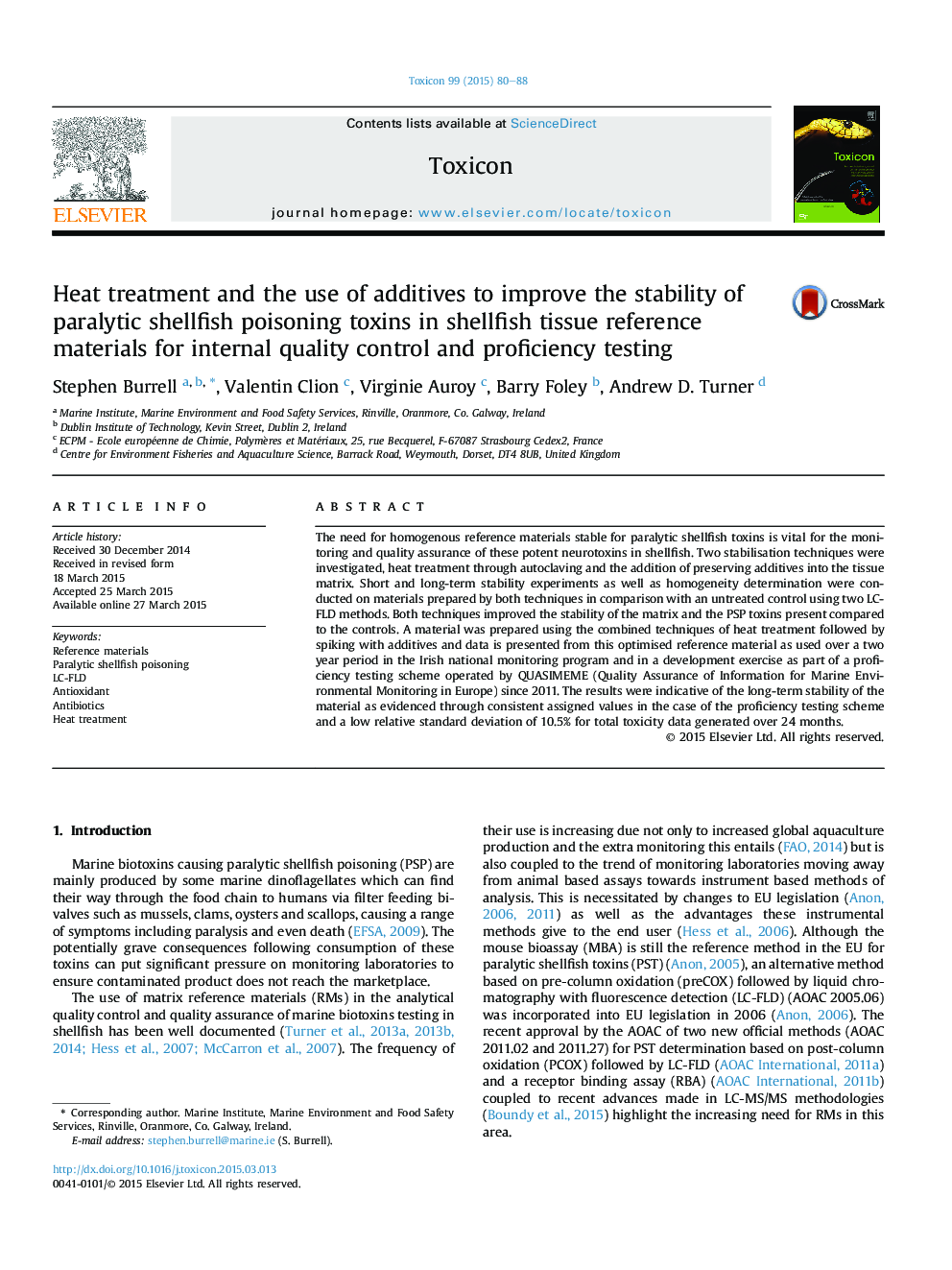 Heat treatment and the use of additives to improve the stability of paralytic shellfish poisoning toxins in shellfish tissue reference materials for internal quality control and proficiency testing