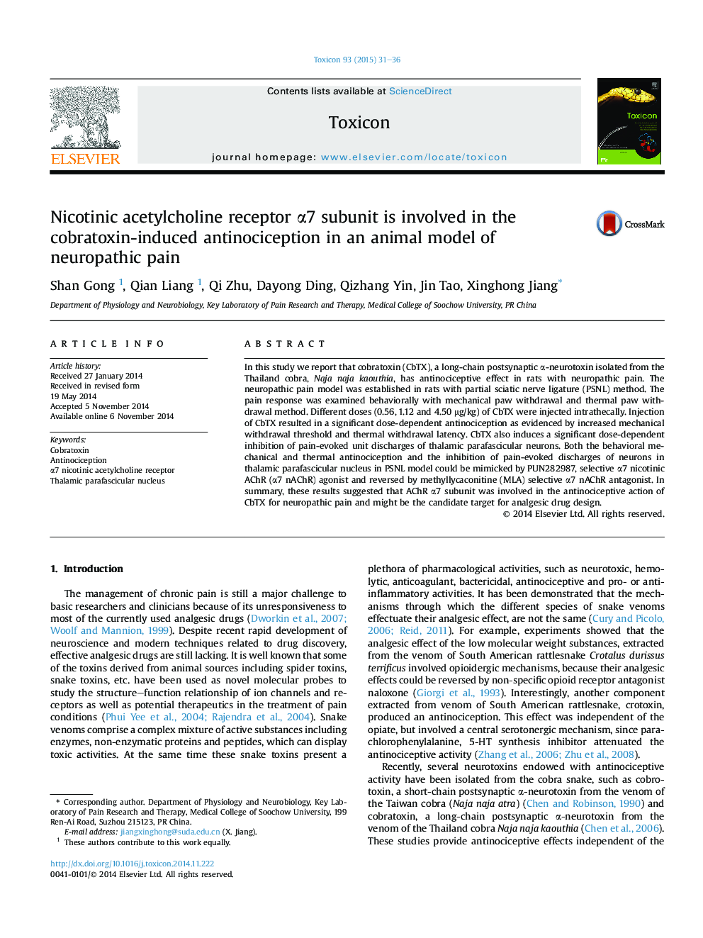 Nicotinic acetylcholine receptor Î±7 subunit is involved in the cobratoxin-induced antinociception in an animal model of neuropathic pain