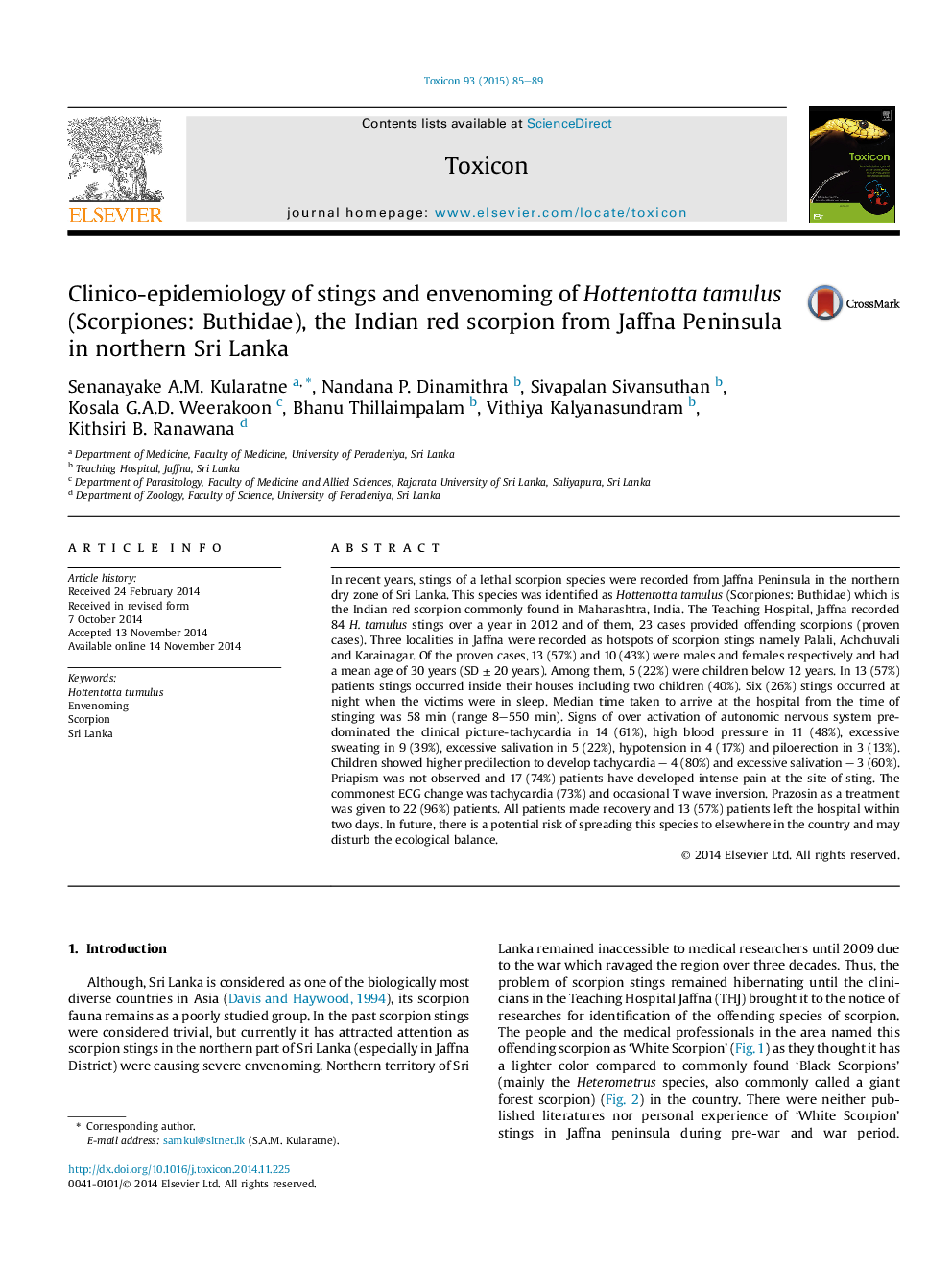 Clinico-epidemiology of stings and envenoming of Hottentotta tamulus (Scorpiones: Buthidae), the Indian red scorpion from Jaffna Peninsula in northern Sri Lanka