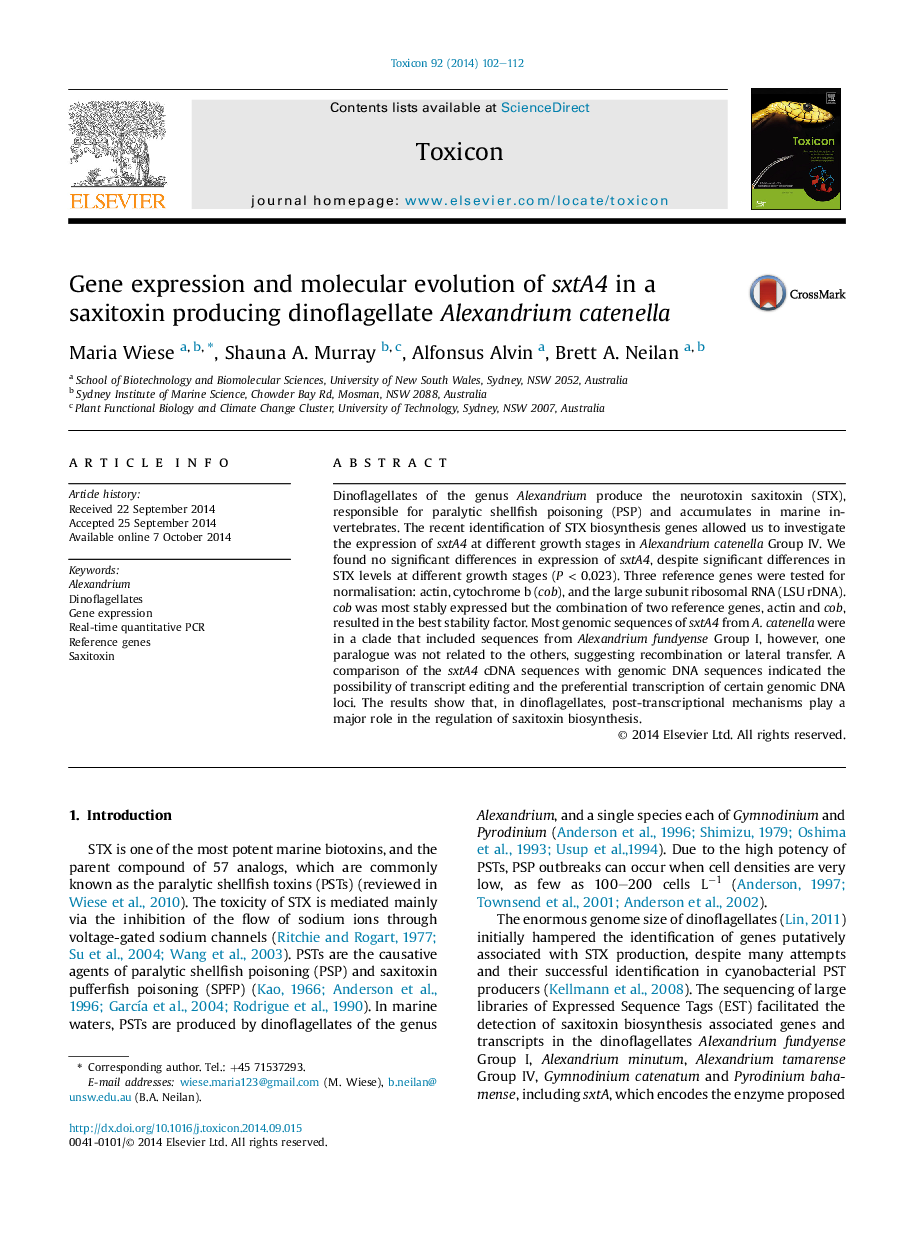 عکس صفحه اول مقاله: Gene expression and molecular evolution of sxtA4 in a saxitoxin producing dinoflagellate Alexandrium catenella Gene expression and molecular evolution of sxtA4 in a saxitoxin producing dinoflagellate Alexandrium catenella