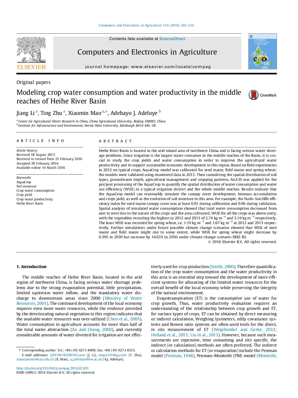 Modeling crop water consumption and water productivity in the middle reaches of Heihe River Basin