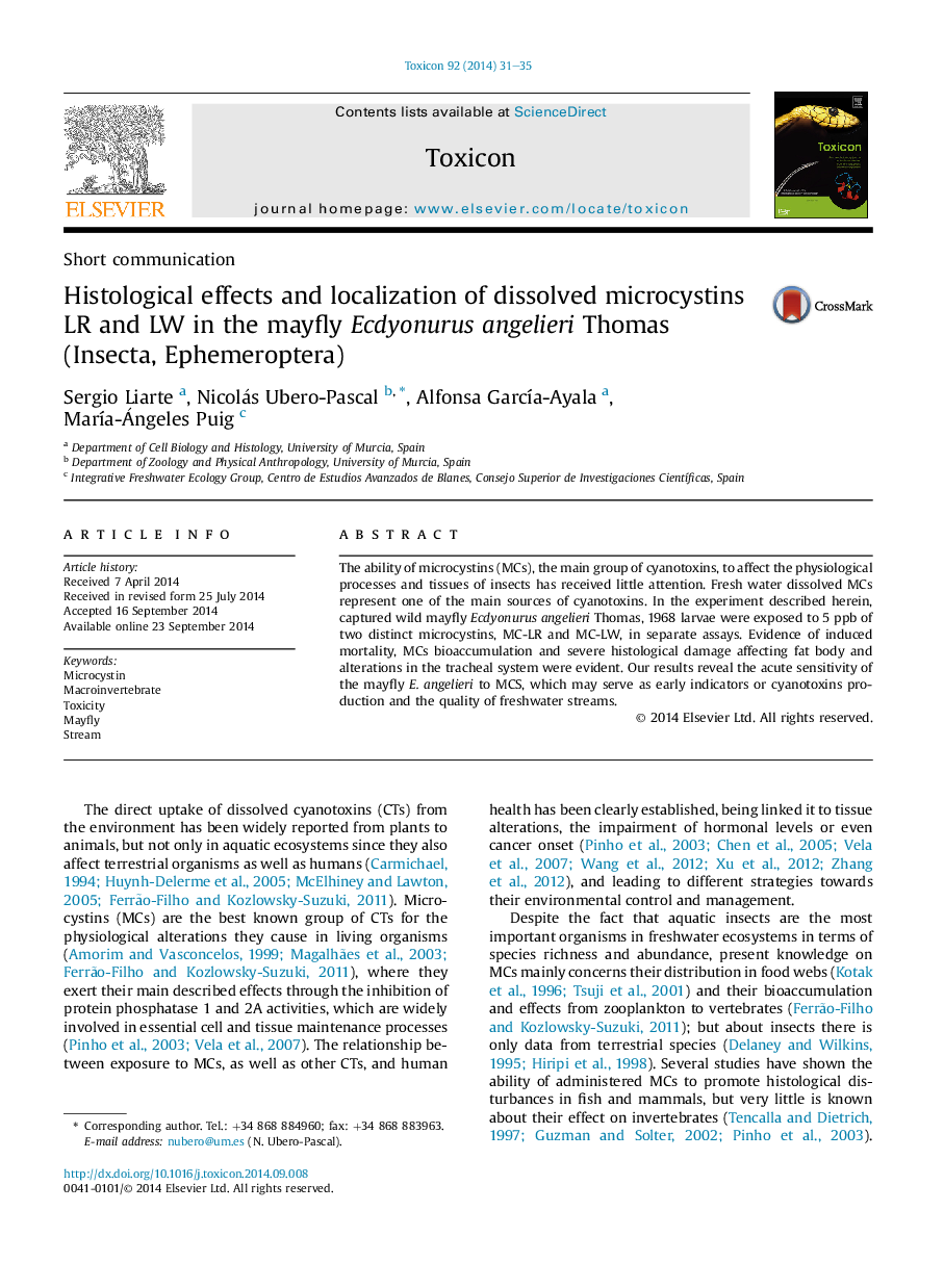 Histological effects and localization of dissolved microcystins LR and LW in the mayfly Ecdyonurus angelieri Thomas (Insecta, Ephemeroptera)