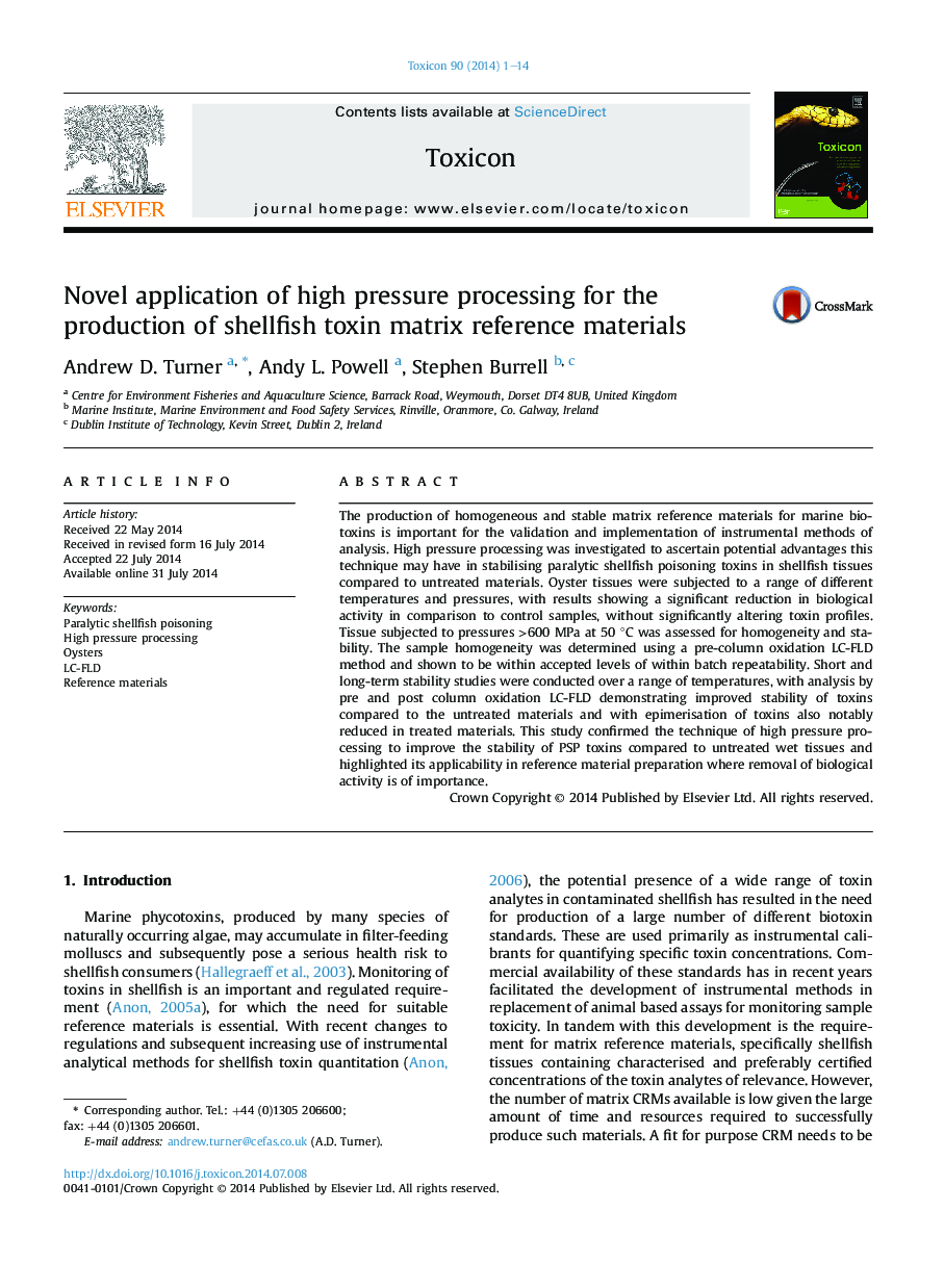 Novel application of high pressure processing for the production of shellfish toxin matrix reference materials