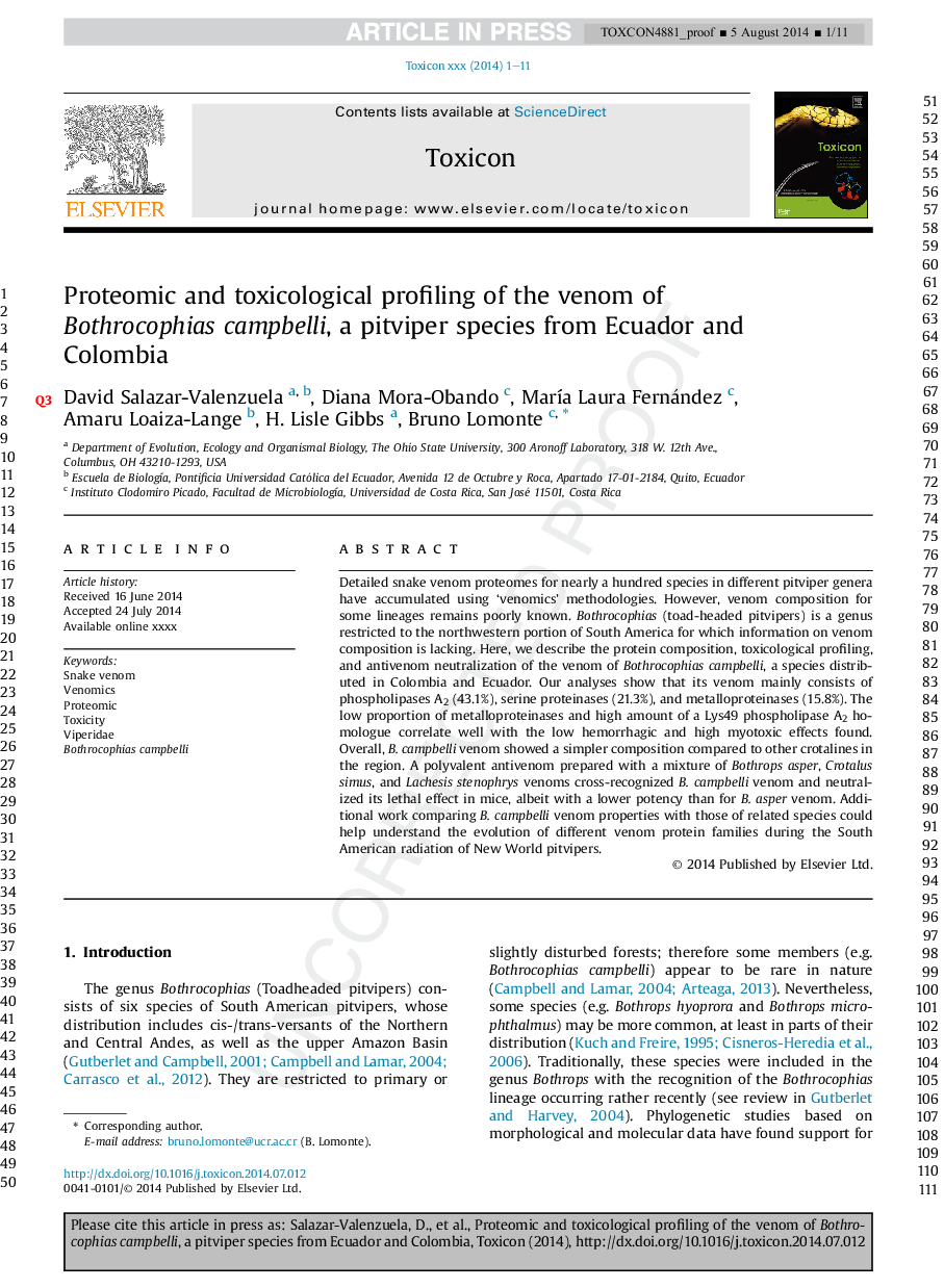 Proteomic and toxicological profiling of the venom of Bothrocophias campbelli, a pitviper species from Ecuador and Colombia