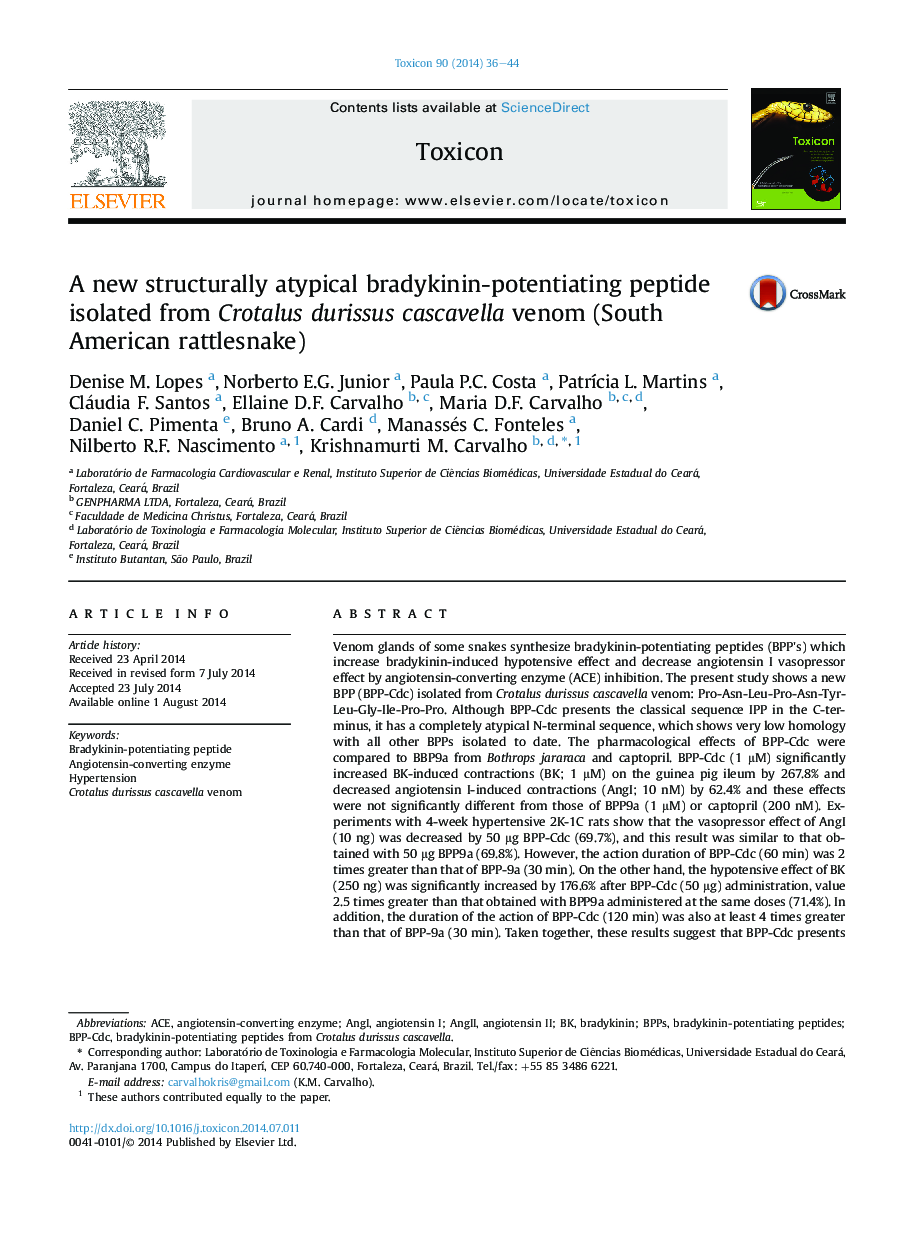 A new structurally atypical bradykinin-potentiating peptide isolated from Crotalus durissus cascavella venom (South American rattlesnake)