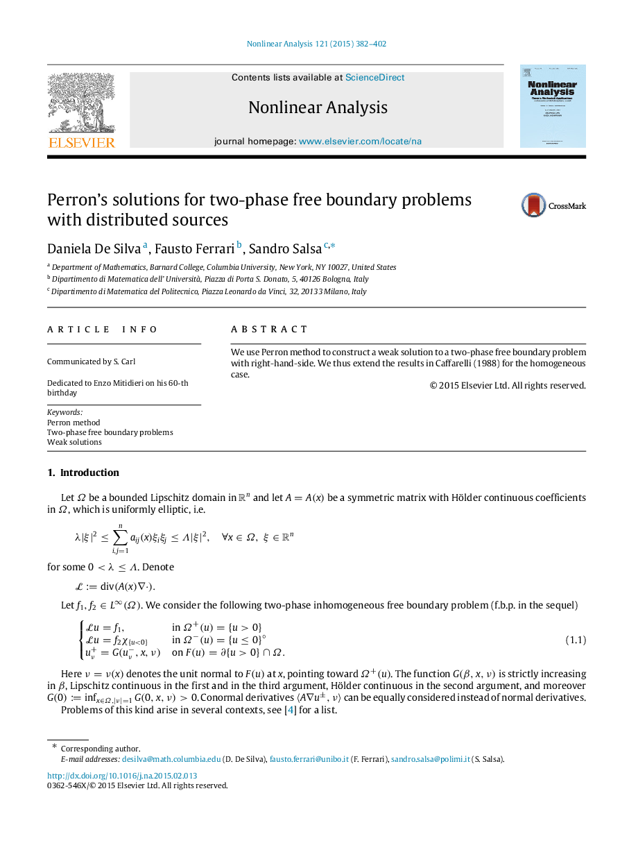 Perron’s solutions for two-phase free boundary problems with distributed sources