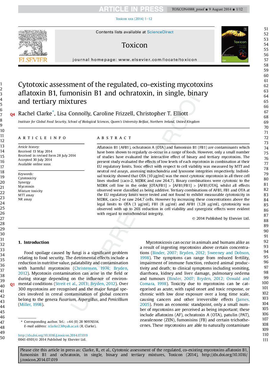 Cytotoxic assessment of the regulated, co-existing mycotoxins aflatoxin B1, fumonisin B1 and ochratoxin, in single, binary and tertiary mixtures