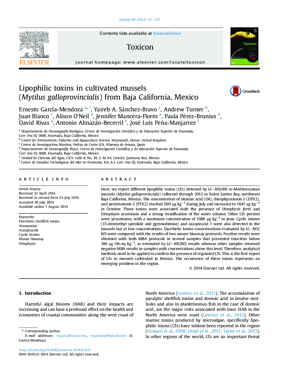 Lipophilic toxins in cultivated mussels (Mytilus galloprovincialis) from Baja California, Mexico