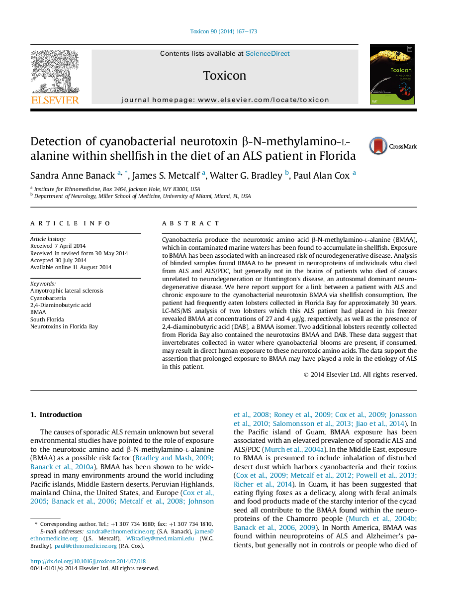 Detection of cyanobacterial neurotoxin Î²-N-methylamino-l-alanine within shellfish in the diet of an ALS patient in Florida