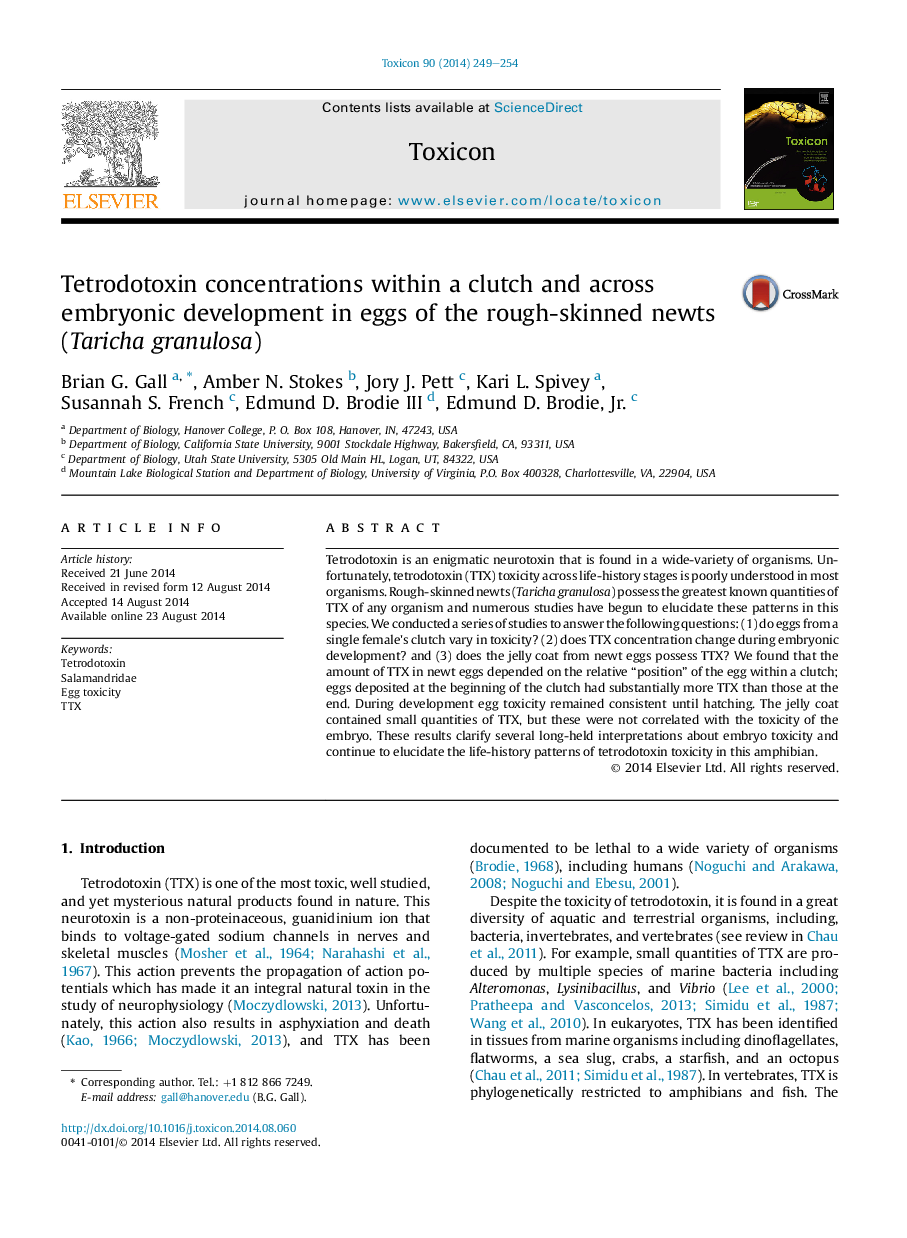 Tetrodotoxin concentrations within a clutch and across embryonic development in eggs of the rough-skinned newts (Taricha granulosa)