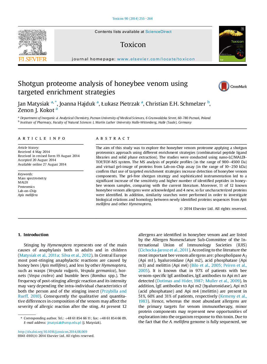 Shotgun proteome analysis of honeybee venom using targeted enrichment strategies