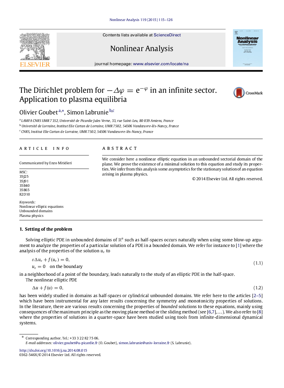 The Dirichlet problem for −Δφ=e−φ in an infinite sector. Application to plasma equilibria