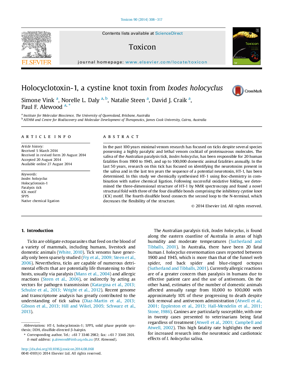 Holocyclotoxin-1, a cystine knot toxin from Ixodes holocyclus