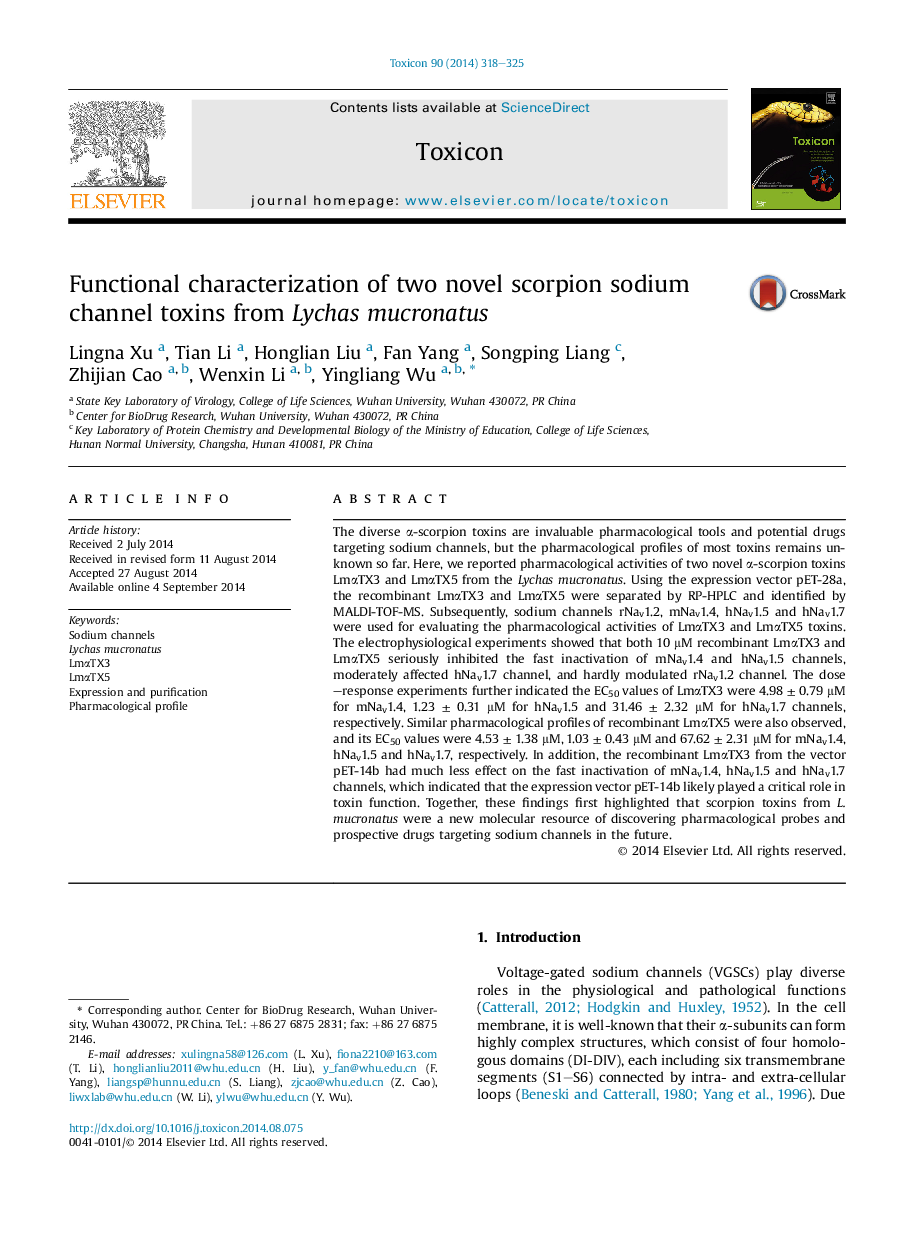 Functional characterization of two novel scorpion sodium channel toxins from Lychas mucronatus