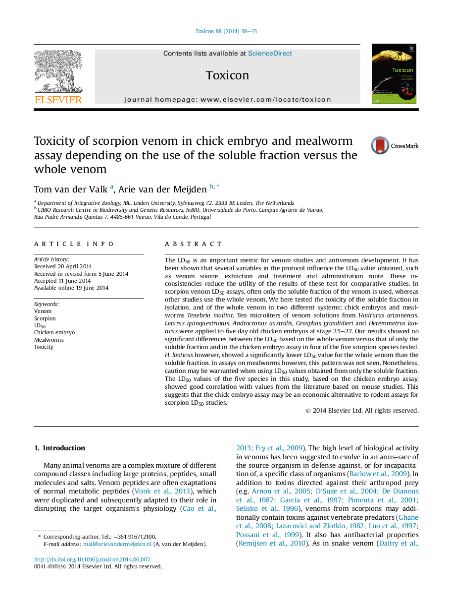 Toxicity of scorpion venom in chick embryo and mealworm assay depending on the use of the soluble fraction versus the whole venom