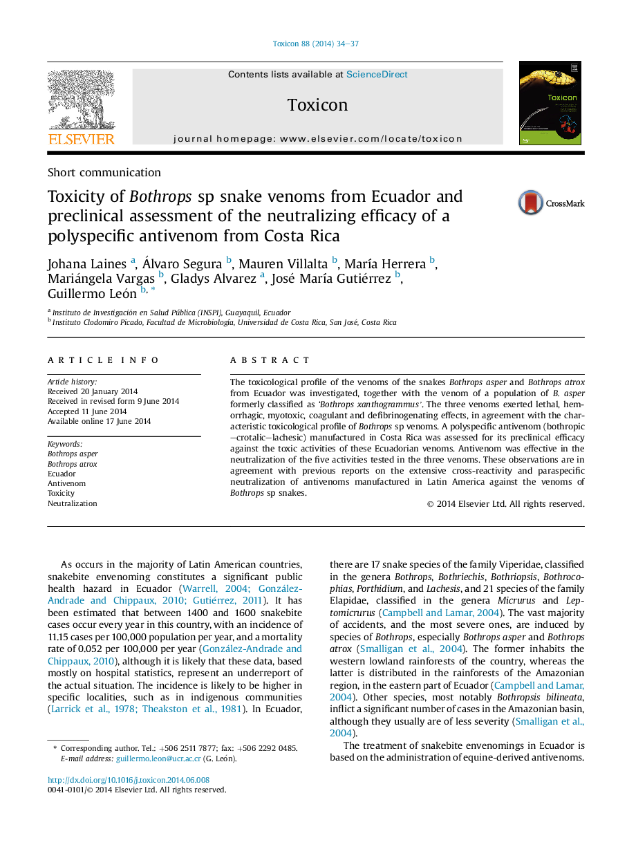 Toxicity of Bothrops sp snake venoms from Ecuador and preclinical assessment of the neutralizing efficacy of a polyspecific antivenom from Costa Rica