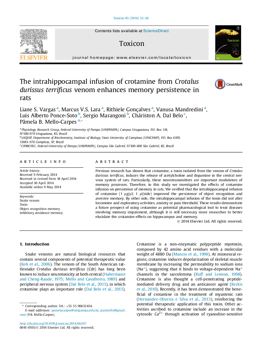 The intrahippocampal infusion of crotamine from Crotalus durissus terrificus venom enhances memory persistence in rats