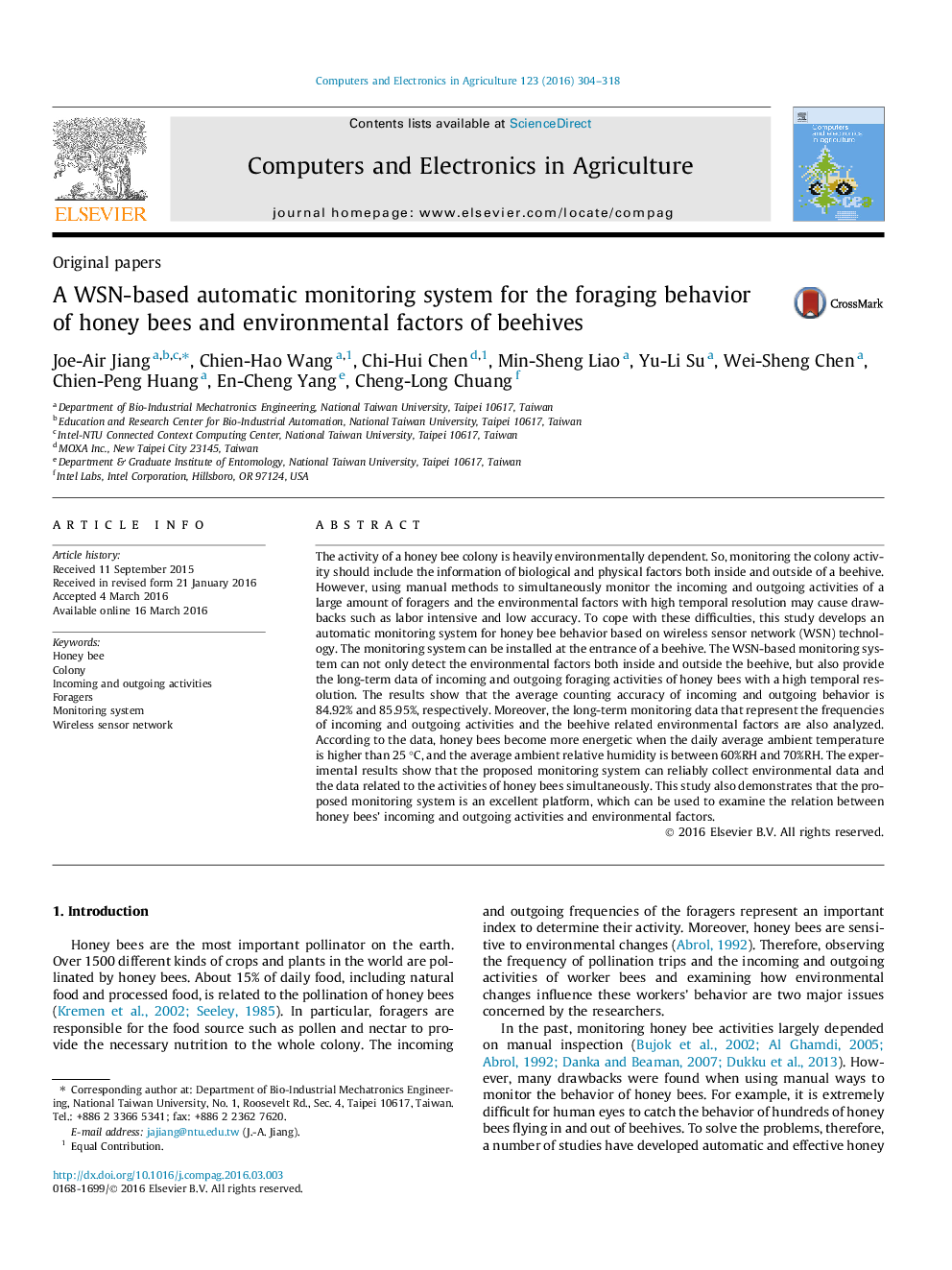 A WSN-based automatic monitoring system for the foraging behavior of honey bees and environmental factors of beehives