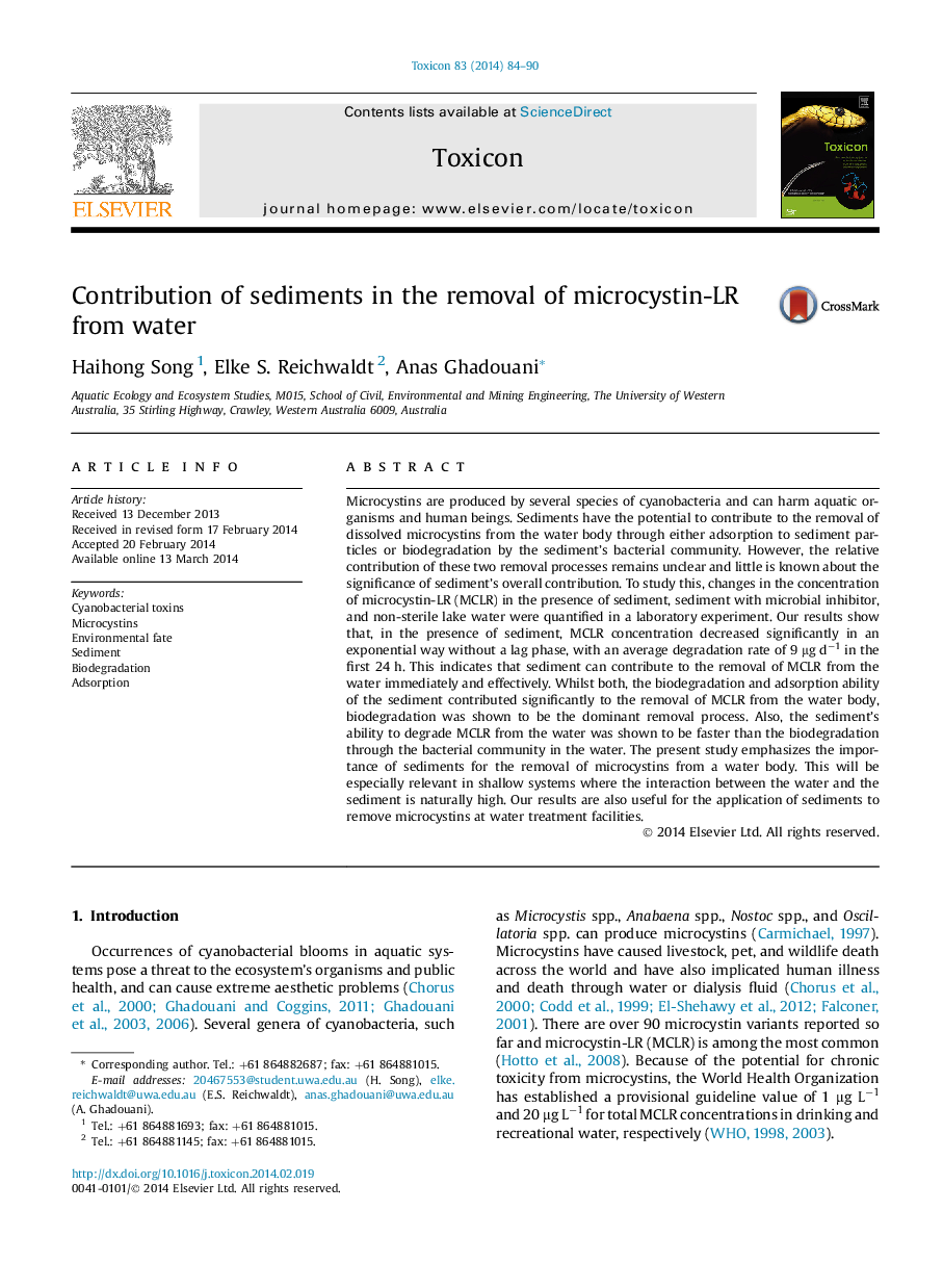 Contribution of sediments in the removal of microcystin-LR from water