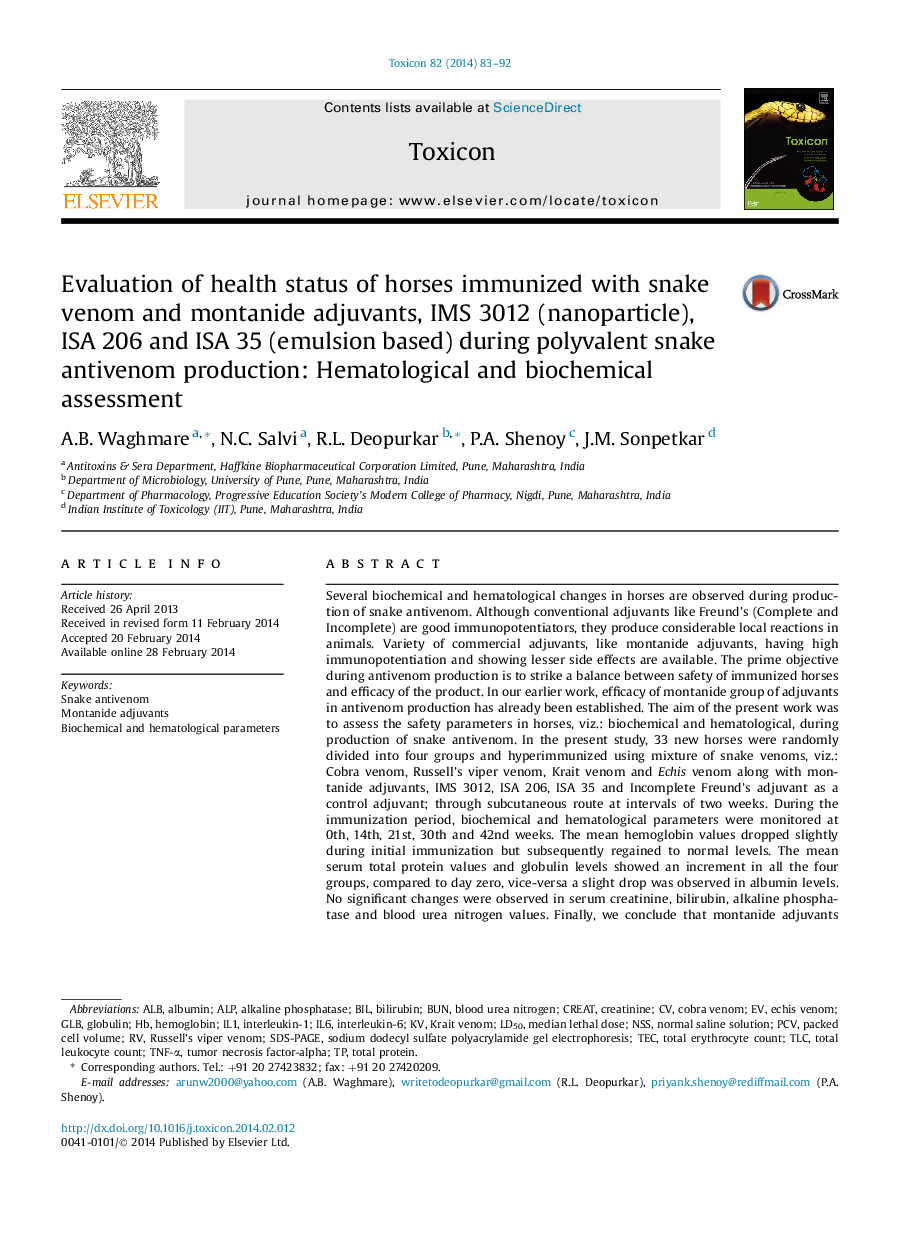 Evaluation of health status of horses immunized with snake venom and montanide adjuvants, IMS 3012 (nanoparticle), ISA 206 and ISA 35 (emulsion based) during polyvalent snake antivenom production: Hematological and biochemical assessment