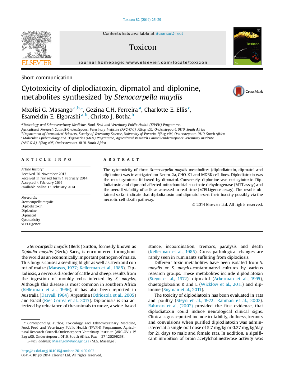 Cytotoxicity of diplodiatoxin, dipmatol and diplonine, metabolites synthesized by Stenocarpella maydis