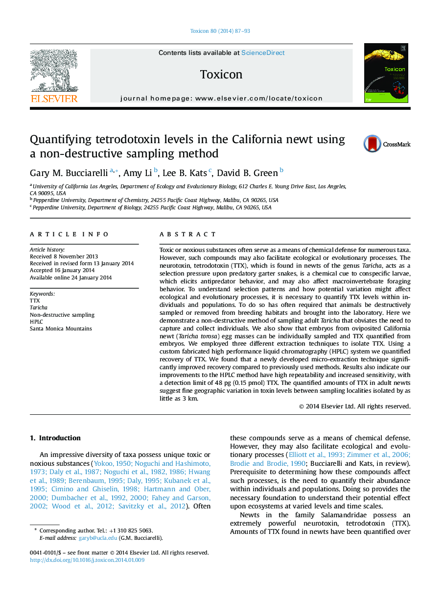 Quantifying tetrodotoxin levels in the California newt using a non-destructive sampling method